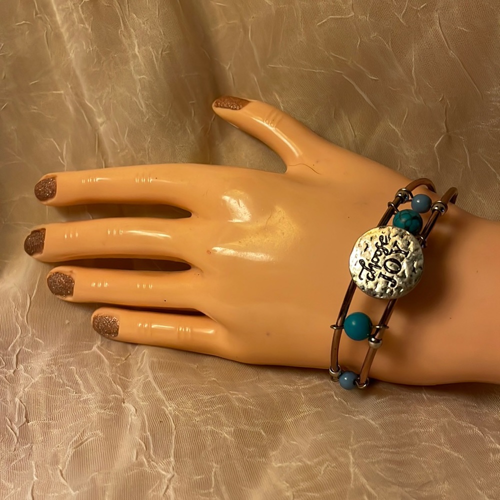 Copper & silvered colored cuff bracelet with blue beads & choose joy circle